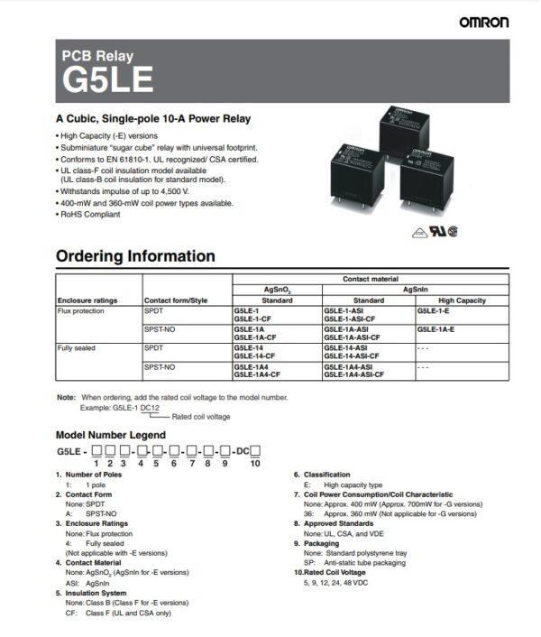 Relay รีเลย์ Omron แท้ คอยล์ 5VDC 12VDC 24VDC 5Pin G5LE-14 #G5LE-14 5P Omron (1 ตัว) - Image 4