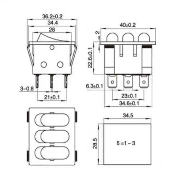 สวิทช์ 3 ช่อง กระดก เปิด-ปิด มีไฟโชว์ Rocker Switch 9 ขา 15A 250V #สวิทช์ 3 ช่อง QY609-301 (1 ตัว) - Image 6