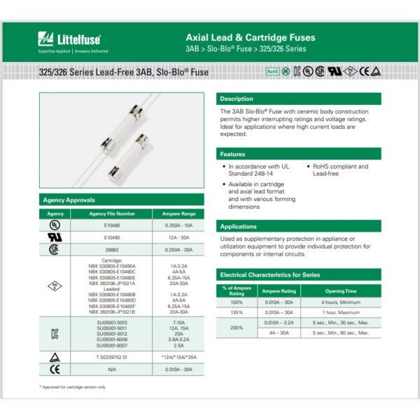 ฟิวส์ ไมโครเวฟ เซรามิค Microwave Ceramic Fuse Littelfuse LF 326 Series 6.3×32mm 8A 10A 12A 15A #C6.3x32-LF326 (1 ตัว) - Image 3