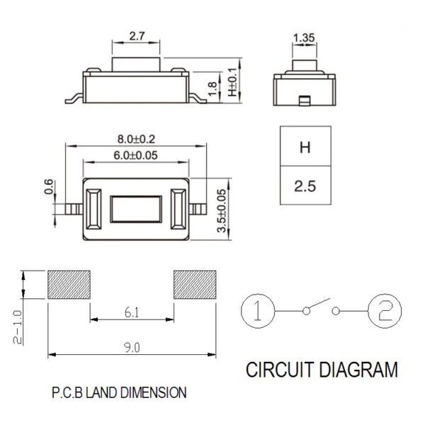 สวิทช์ กดติด-ปล่อยดับ ปุ่มกด SMD Push Button Switch ไมโครสวิทช์ TACT Switch #S2P 3.5x6x2.5mm (1 ตัว) - Image 4