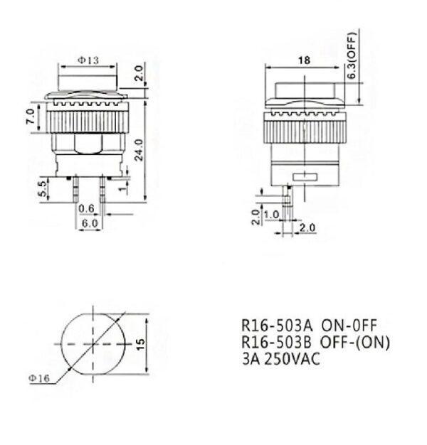 สวิตช์ ปุ่มกด Push Button Switch 16mm 2pin 3A 250VAC R16-503A R16-503B #R16-503A,B (1 ตัว) - Image 6