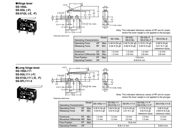 ไมโครสวิทช์ สวิทช์ Omron มินิสวิทช์ Subminiature Micro Switch 3 ขา SPDT **ของแท้** #SS-10 Series Omron (1 ตัว) - Image 5