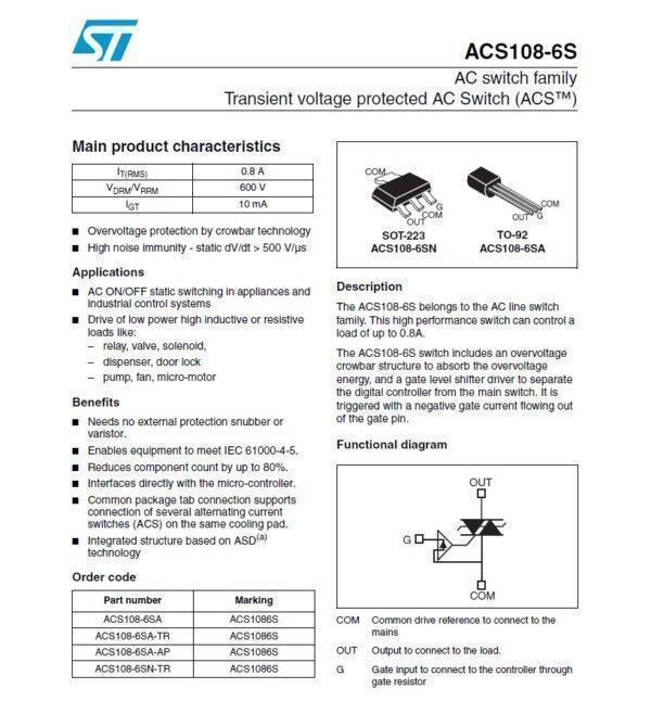 ไตรแอก เครื่องซักผ้า Triac ACS1086S ACS108 6S ACS108-6SN 0.8A 600V SOT-223 #ไตรแอค SOT-223 (1 ตัว) - Image 4