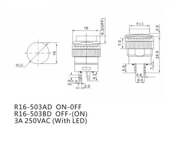 สวิตช์ ปุ่มกด Push Button Switch 16mm 4pin 3A 250VAC R16-503AD R16-503BD #R16-503AD,BD (1 ตัว) - Image 6