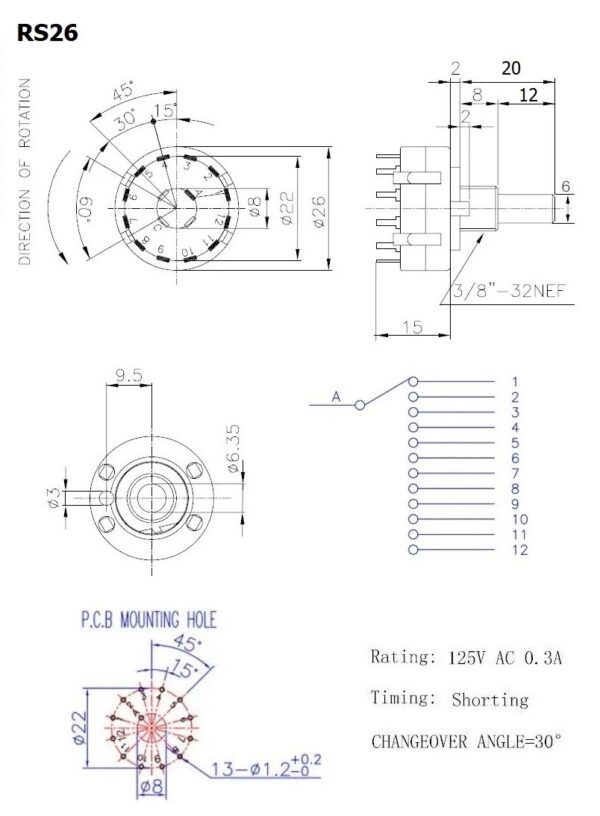 สวิทช์ หมุนเลือก ลูกบิด โรตารี ซีเลคเตอร์ สวิตช์ Band Switch Rotary Selector Switch 1P12T 2P6T 3P4T 4P3T #RS26 (1 ตัว) - Image 2