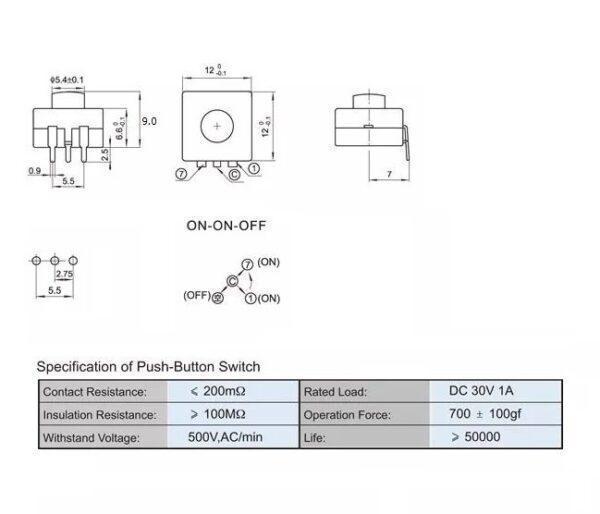 สวิทช์ ไฟฉาย ปุ่มกด Flashlight Switch ON-ON-OFF DIP 3 ขา 12x12x9mm #223YD (1 ตัว) - Image 3