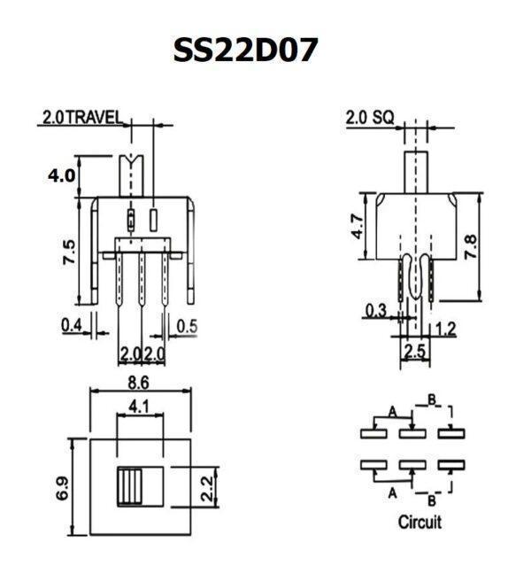 สวิทช์ Slide switch สวิทช์เลื่อน Toggle switch 6 ขา ขนาด 6.9x8.6mm #สวิทช์เลื่อน(6ขา,SS22D07) (1 ตัว) - Image 4