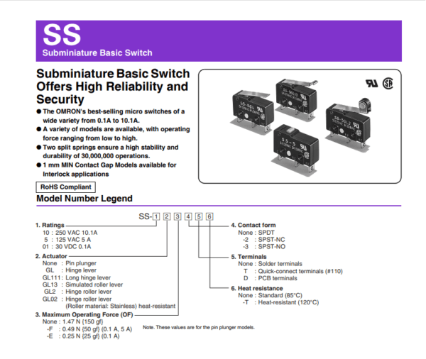 ไมโครสวิทช์ สวิทช์ Omron มินิสวิทช์ Subminiature Micro Switch 3 ขา SPDT **ของแท้** #SS-01 Series Omron (1 ตัว) - Image 3