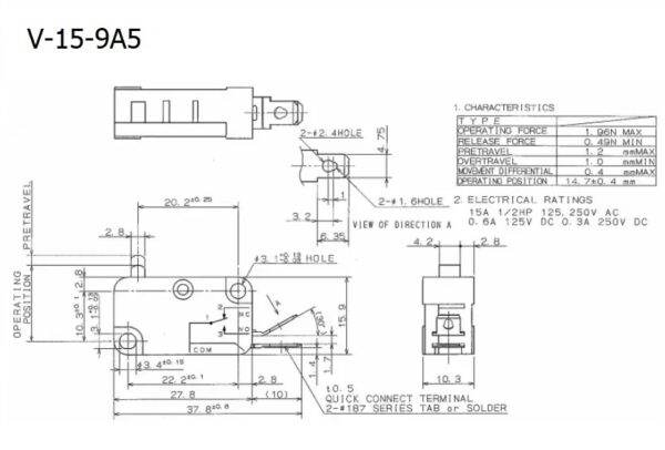 ไมโครสวิทช์ OMRON สวิทช์ Micro Switch 2 ขา (1NO) 15A 250V **ของแท้** #V-15-9A5 OMRON (1 ตัว) - Image 6