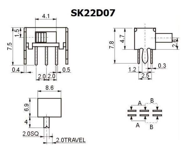 สวิทช์ เลื่อน 6 ขา Slide switch Toggle switch ขนาด 6.9x8.6mm #สวิทช์เลื่อน (6ขา,SK22D07) (1 ตัว) - Image 3