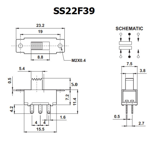 สวิทช์ Slide switch สวิทช์เลื่อน Toggle switch 6 ขา ขนาด 7.5x23.2mm #สวิทช์เลื่อน (6ขา,SS22F39) (1 ตัว) - Image 3