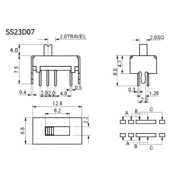 Slide switch สวิทช์ สวิทช์เลื่อน Toggle switch 8 ขา ขนาด 6.8x12.6mm #สวิทช์เลื่อน (8ขา,SS23D07) (1 ตัว) - Image 2