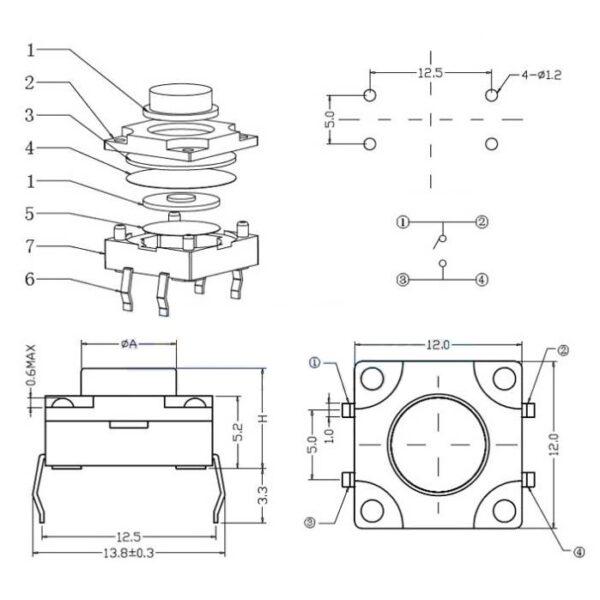 สวิทช์ ป่มกด Push Button Switch สวิทช์ปุ่ม กดติด-ปล่อยดับ TACT Switch #DIP 4 ขา 12x12xHmm กันน้ำ (1 ตัว) - Image 3