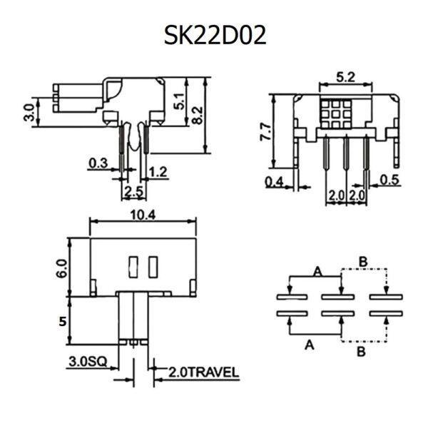 สวิทช์ เลื่อน Slide switch Toggle switch 6 ขา ขนาด 6x10.4mm #สวิทช์เลื่อน (6ขา,SK22D02) (1 ตัว) - Image 3