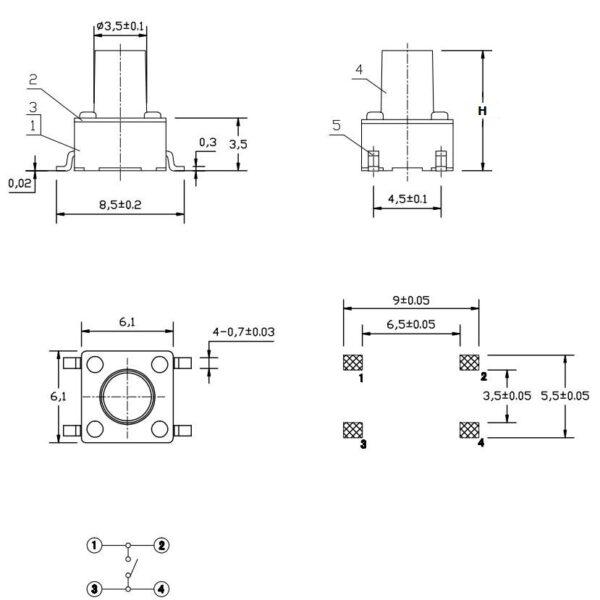 สวิทช์ ปุ่มกด SMD Push Button Switch ไมโครสวิทช์ TACT Switch กดติด-ปล่อยดับ #S4P 6x6xHmm (1 ตัว) - Image 3