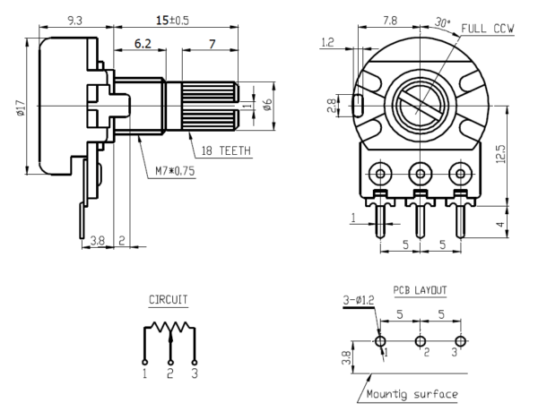 โพเทนชิโอมิเตอร์ Potentiometer VR ปรับค่า 3 ขา แกนยาว 15mm B1K ถึง B1M #WH148 3 ขา 15mm น้ำตาล (1 ตัว) - Image 3