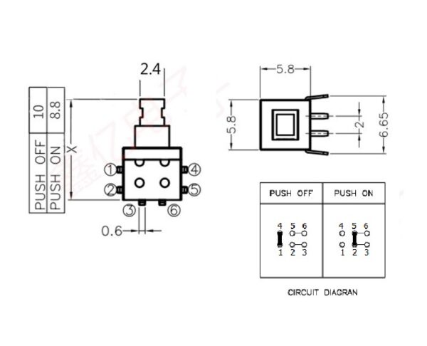 สวิทช์ กด ปุ่มกด Self lock Push button TACT Switch 6 ขา #5.8x5.8x10.2mm กดข้าง (1 ตัว) - Image 2