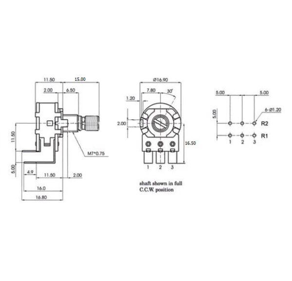 โพเทนชิโอมิเตอร์ VR ปรับค่า วอลลุ่ม Potentiometer 6 ขา แกนยาว 15mm B1K ถึง B1M #WH148-6ขา-15mm-น้ำตาล (1 ตัว) - Image 3