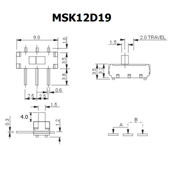 สวิทช์ เลื่อน Slide switch Toggle switch 3 ขา ขนาด 3.5x9mm #สวิทช์เลื่อน (3ขา,MSK12D19) (1 ตัว) - Image 2