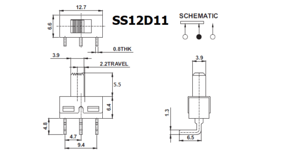 สวิทช์ เลื่อน Slide switch Toggle switch 3 ขา ขนาด 6.6x12.7mm #สวิทช์เลื่อน(3ขา,SS12D11) (1 ตัว) - Image 3