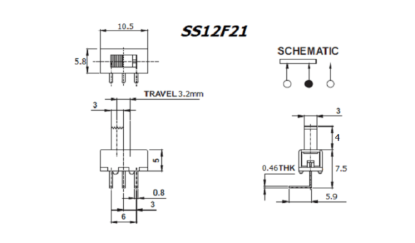 สวิทช์ เลื่อน Slide switch Toggle switch 3 ขา ขนาด 5.8x10.5mm #สวิทช์เลื่อน(3ขา,SS12F21) (1 ตัว) - Image 3