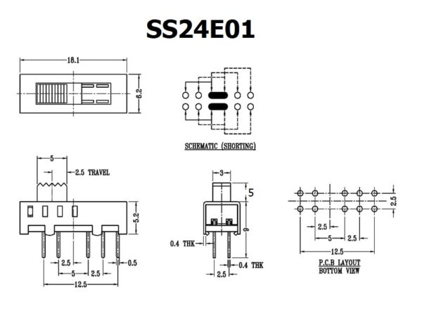 สวิทช์ Slide switch Toggle switch สวิทช์เลื่อน 10 ขา ขนาด 6.2x18.1mm #สวิทช์เลื่อน (10ขา,SS24E01) (1 ตัว) - Image 2