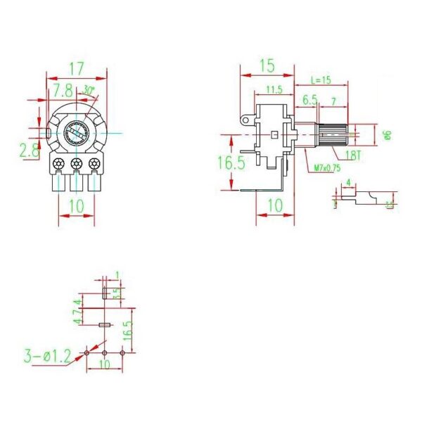 โพเทนชิโอมิเตอร์ Potentiometer VR ปรับค่า 3 ขา มีสวิทช์ เปิด/ปิด #WH148-3ขา-15mm-น้ำตาล-มีสวิทช์ (1 ตัว) - Image 2