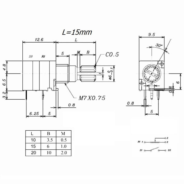 โพเทนชิโอมิเตอร์ Potentiometer วอลลุ่ม ไฟฉาย VR ปรับค่า 5 ขา B1K ถึง B500K #5 ขา เขียว (1 ตัว) - Image 3