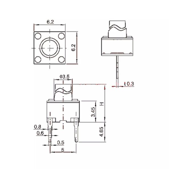 สวิทช์ Push Button Switch สวิทช์ปุ่ม กดติด-ปล่อยดับ TACT Switch #DIP 2 ขา 6x6xHmm กดบน (1 ตัว) - Image 3