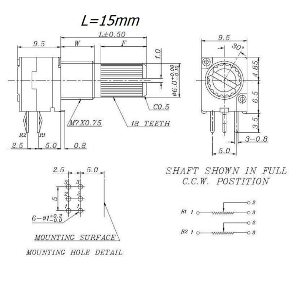 โพเทนชิโอมิเตอร์ Potentiometer วอลลุ่ม VR ปรับค่า ตัวต้านทาน 6 ขา B1K ถึง B500K #6 ขา เขียว (1 ตัว) - Image 5