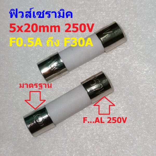 ฟิวส์ กระเบื้อง เซรามิค มาตรฐาน Fast blow Ceramic Fuse 5x20mm 250V 0.1A ถึง 30A #C5x20F-ST (1 ตัว)