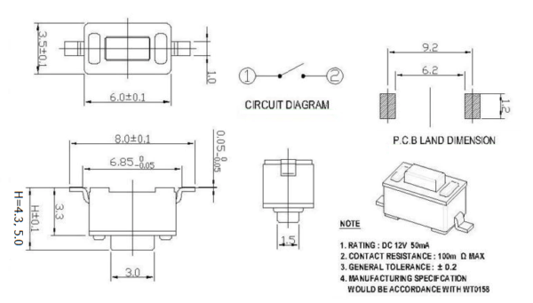 สวิทช์ ปุ่มกด SMD Push Button Switch TACT Switch กดติด-ปล่อยดับ #S2P 3.5x6xHmm (1 ตัว) - Image 4