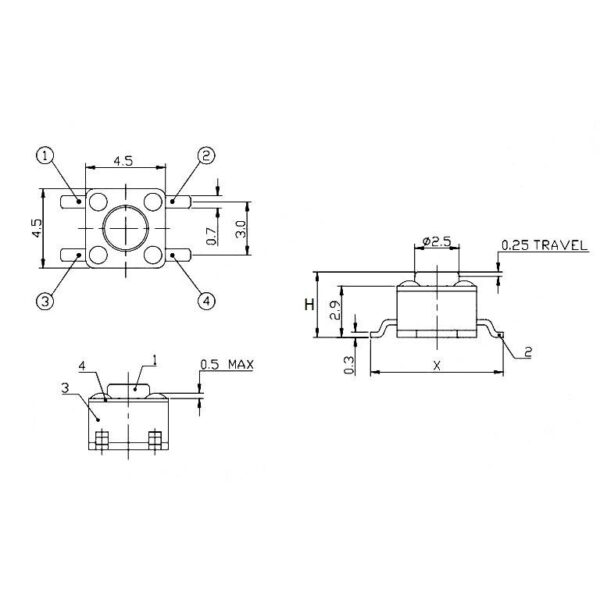 สวิทช์ ปุ่มกด SMD Push Button Switch ไมโครสวิทช์ TACT Switch กดติด-ปล่อยดับ #S4P 4.5x4.5xHmm (1 ตัว) - Image 3