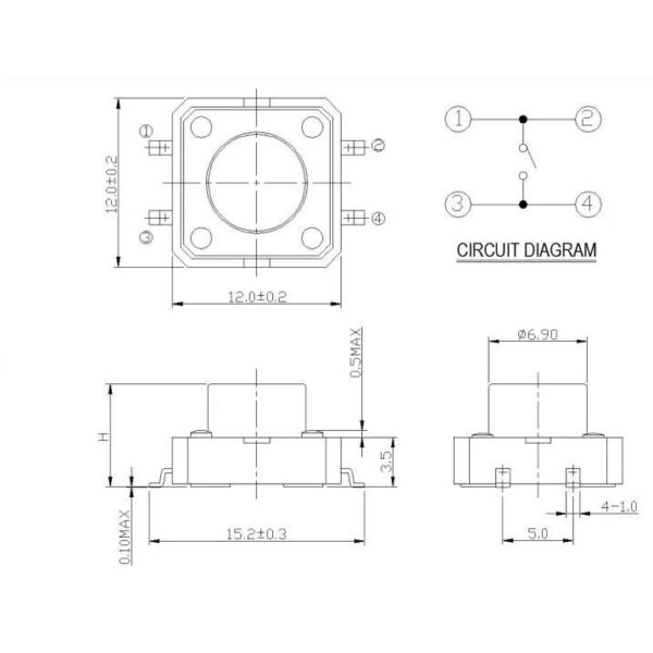 สวิทช์ ปุ่มกด SMD Push Button Switch ไมโครสวิทช์ TACT Switch กดติด-ปล่อยดับ #S4P 12x12xHmm (1 ตัว) - Image 4