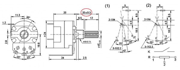 วอลลุ่ม โพเทนชิโอมิเตอร์ ความเร็ว ความร้อน เครื่องทำน้ำอุ่น Potentiometer แกน 20mm 3 ขา มีสวิทช์ #WH138-B20 (1 ตัว) - Image 6