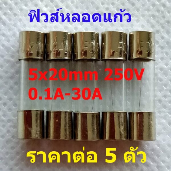 (5 ตัว) ฟิวส์ หลอดแก้ว แก้ว Fast blow Glass fuse 5x20mm 250V 0.1A ถึง 30A #G5x20F-YE