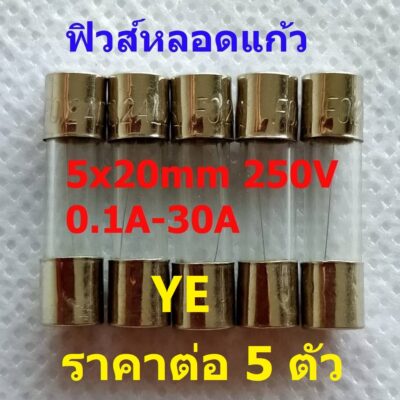 (5 ตัว) ฟิวส์ Fast blow Glass fuse แก้ว หลอดแก้ว 5x20mm 250V 0.1A ถึง 30A #G5x20F-YE