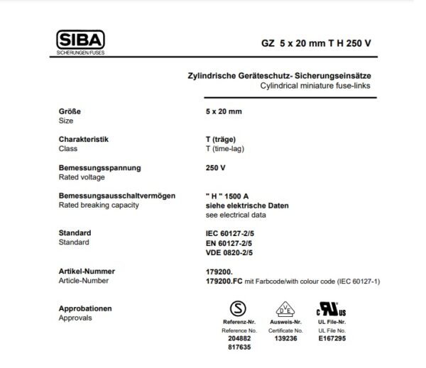 ฟิวส์ Ceramic Fuse เซรามิค Cylindrical Miniature Fuse-links Time-lag Siba GZ Series #C5x20T-SIBA (1 ตัว) - Image 3