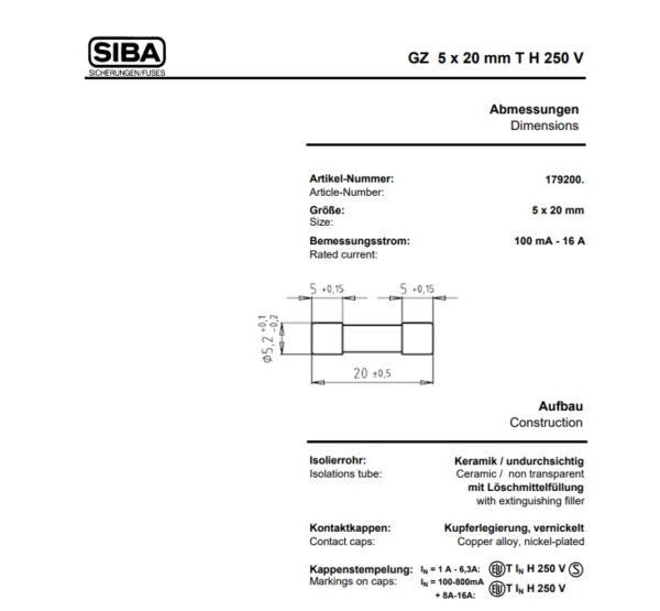 ฟิวส์ Ceramic Fuse เซรามิค Cylindrical Miniature Fuse-links Time-lag Siba GZ Series #C5x20T-SIBA (1 ตัว) - Image 4