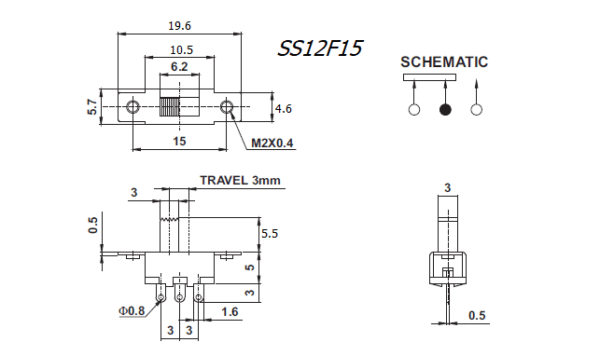 สวิทช์ เลื่อน Slide switch Toggle switch 3 ขา ขนาด 4.6x19.6mm #สวิทช์เลื่อน(3ขา,SS12F15) (1 ตัว) - Image 3