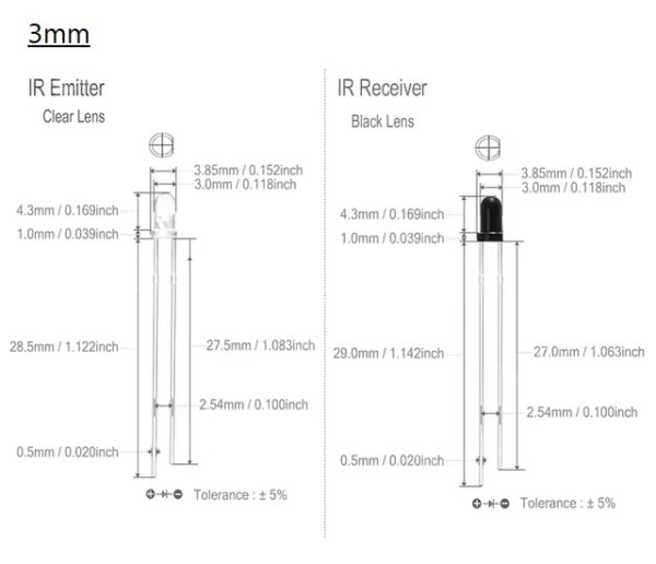 (5 ตัว) อินฟราเรด ไดโอด รับ-ส่ง สัญญาณ IR Emitter and IR Receiver (Photodiode) LED F3 F5 3mm 5mm 940nm #IR Diode - Image 4