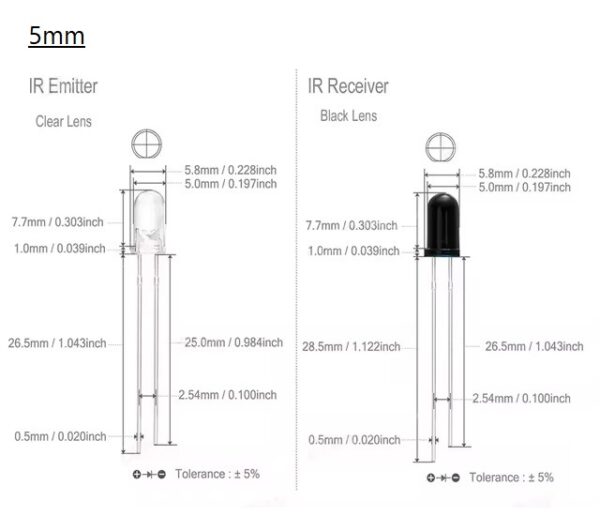 (5 ตัว) อินฟราเรด ไดโอด รับ-ส่ง สัญญาณ IR Emitter and IR Receiver (Photodiode) LED F3 F5 3mm 5mm 940nm #IR Diode - Image 5