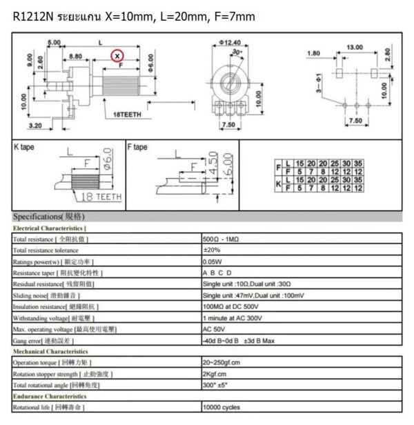 โพเทนชิโอมิเตอร์ วอลลุ่ม โวลลุ่ม Potentiometer 3 ขา แนวตั้ง 10mm A1K A10K B10K B50K #R1212N 3VP-10mm (1 ตัว) - Image 5