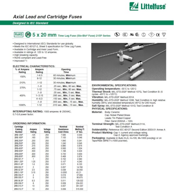 ฟิวส์ ไมโครเวฟ เซรามิค ขาดช้า Time Lag Cartridge Fuse Littelfuse LF 5x20mm 250V T0.25AH ถึง T12AH #C5x20T-LF215P (1 ตัว) - Image 5