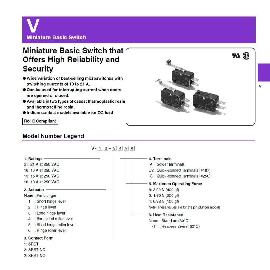 สวิทช์ ไมโครสวิทช์ Omron Micro Switch 2 ขา 1NC กดดับ-ปล่อยติด 21A 250VAC ของแท้ #V-21-2C6 Omron (1 ตัว) - Image 4