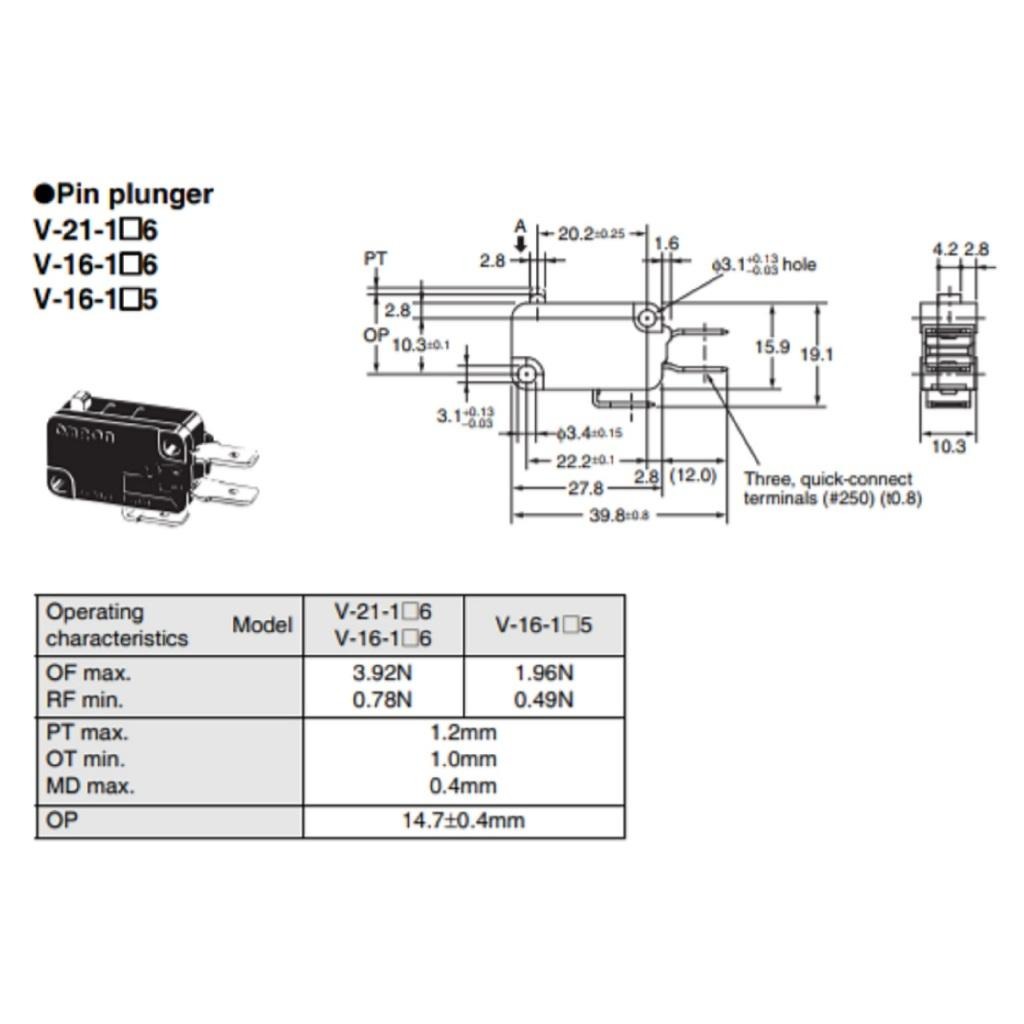 สวิทช์ ไมโครสวิทช์ Omron Micro Switch 2 ขา 1NC กดดับ-ปล่อยติด 21A 250VAC ของแท้ #V-21-2C6 Omron (1 ตัว) - Image 5